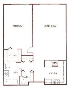 Floor plan for 1 bed, 1 bath, 658 sqft