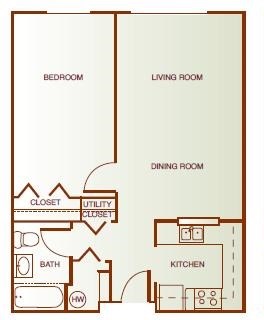 Floor plan for 1 bed, 1 bath, 649 sqft