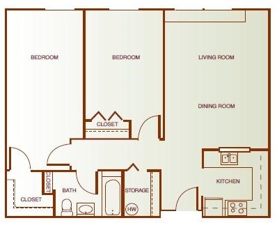 Floor plan for 2 beds, 1 bath, 929 sqft