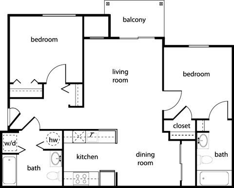 Floor plan for 2 beds, 2 baths, 957 sqft