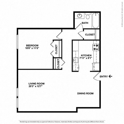 Floor plan for 1 bed, 1 bath, 736 sqft