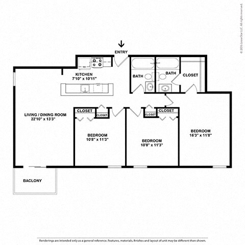 Floor plan for 3 beds, 2 baths, 1062 sqft