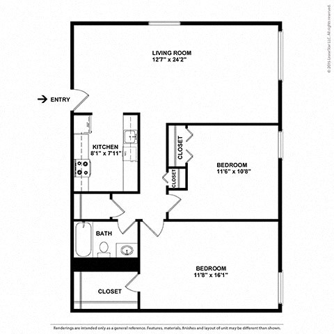 Floor plan for 2 beds, 1 bath, 832 sqft
