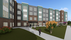 Columbia apartment for rent - A rendering of a modern apartment complex with a courtyard and people walking.