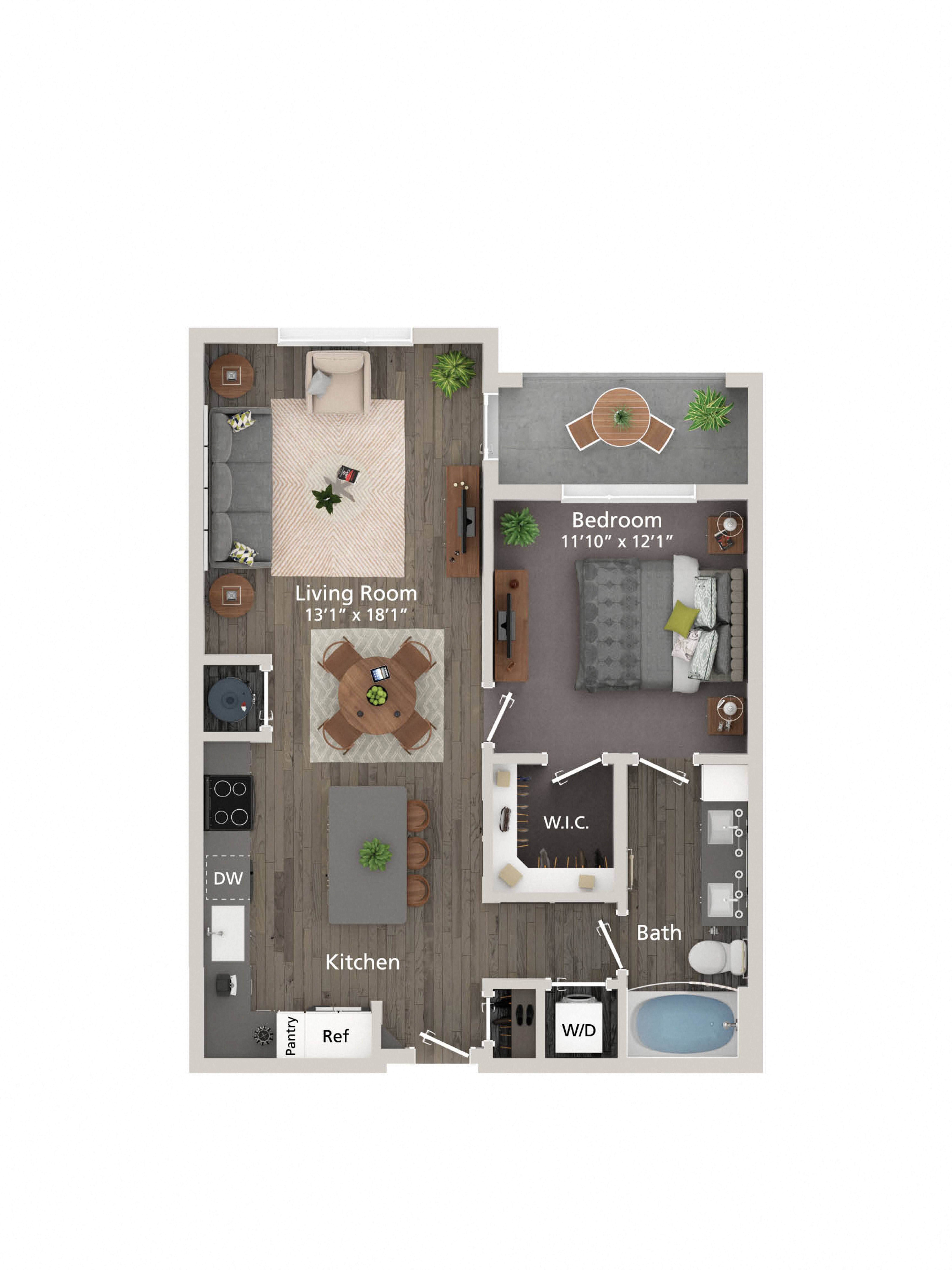 Floor plan for 1 bed, 1 bath, 745 sqft