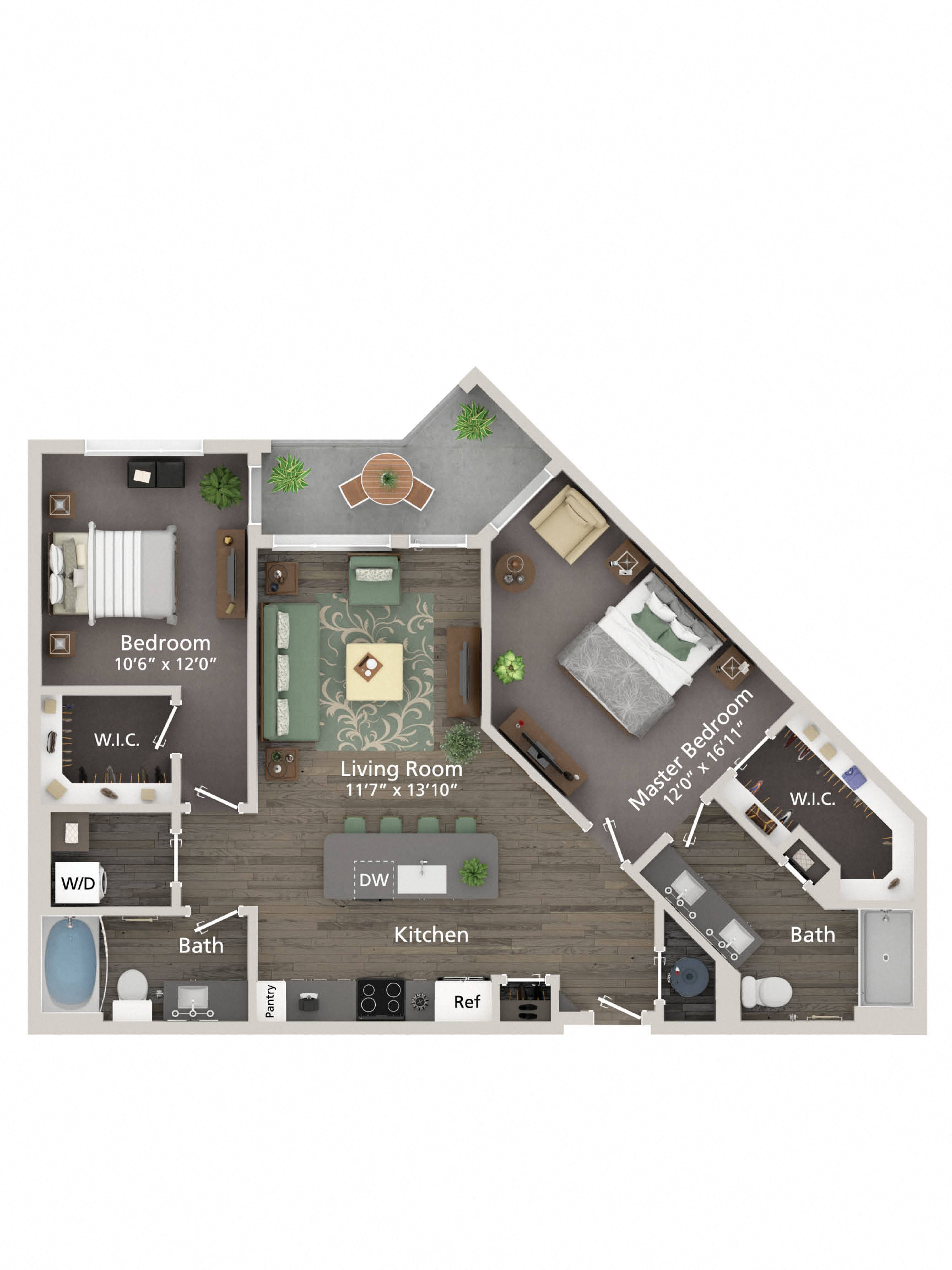 Floor plan for 2 beds, 2 baths, 1104 sqft