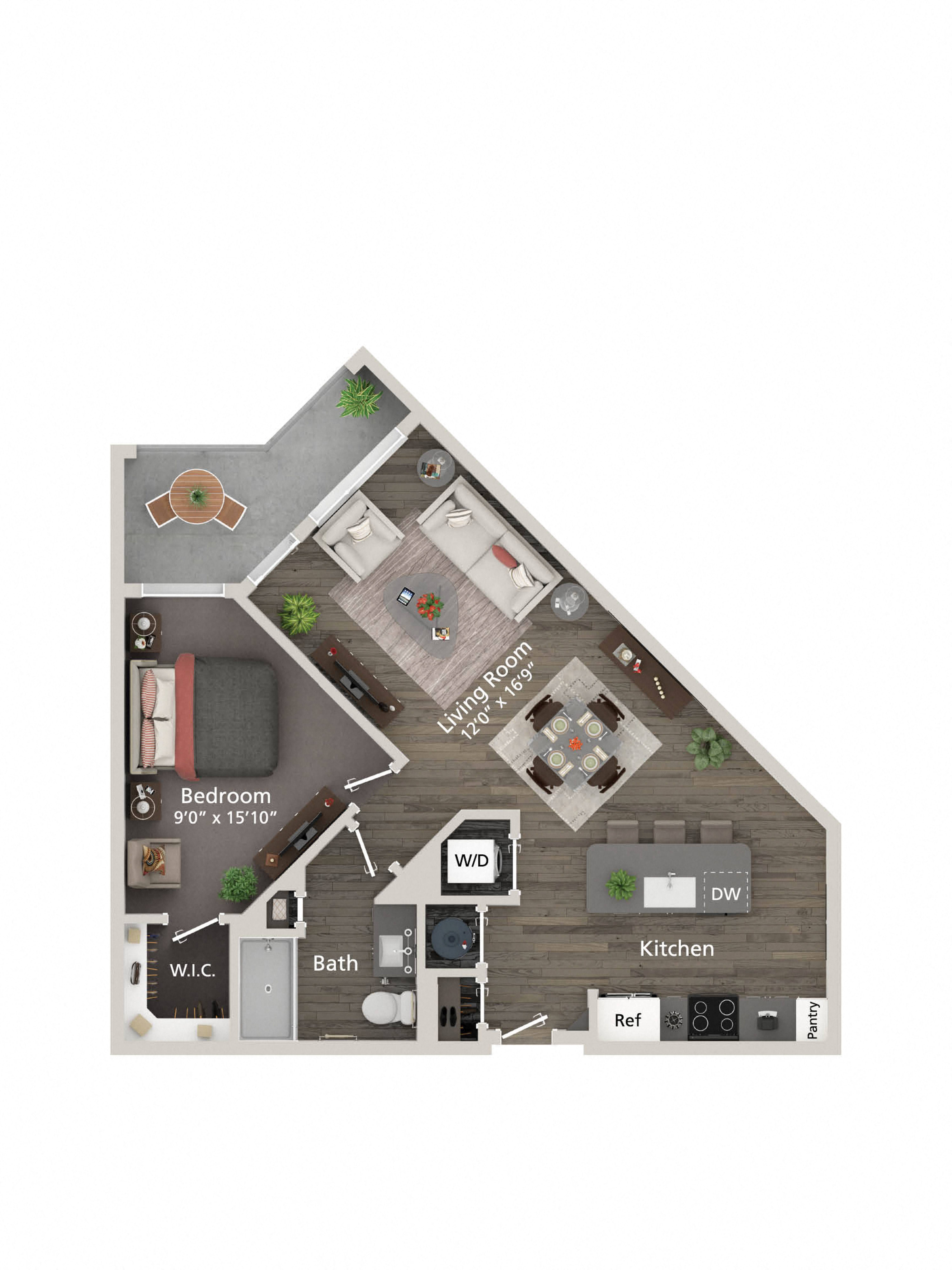 Floor plan for 1 bed, 1 bath, 778 sqft