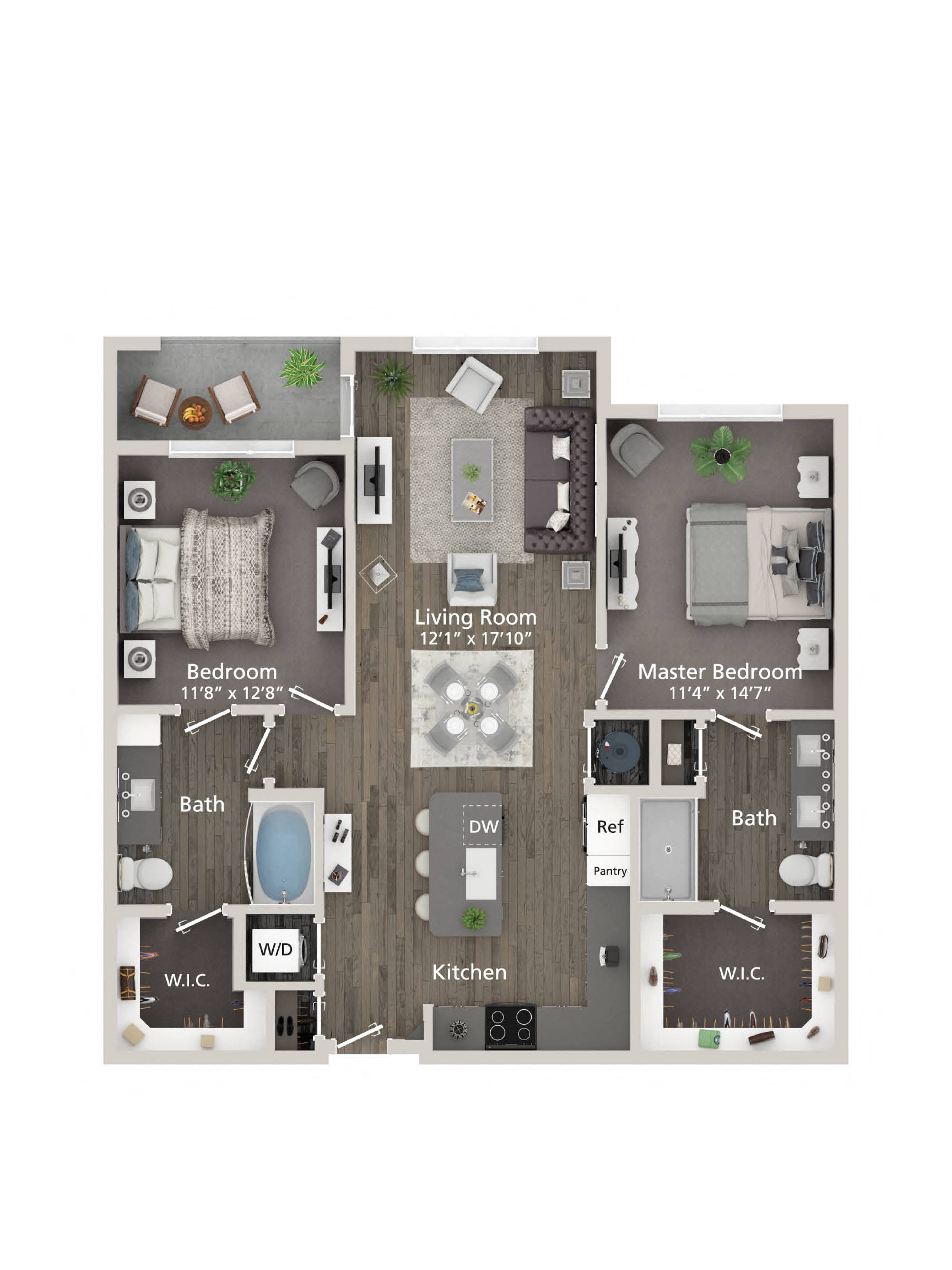 Floor plan for 2 beds, 2 baths, 1126 sqft