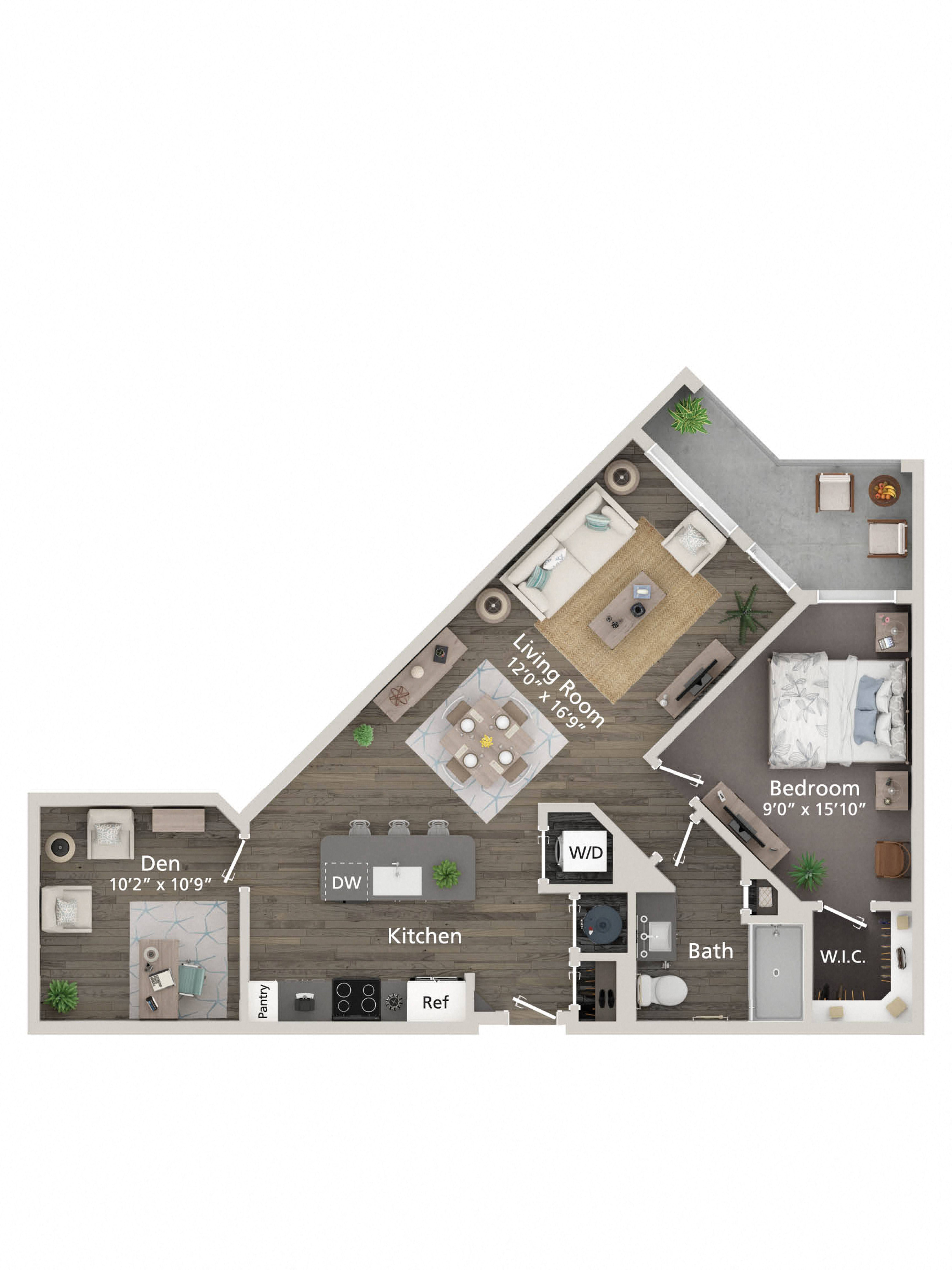 Floor plan for 1 bed, 1 bath, 905 sqft