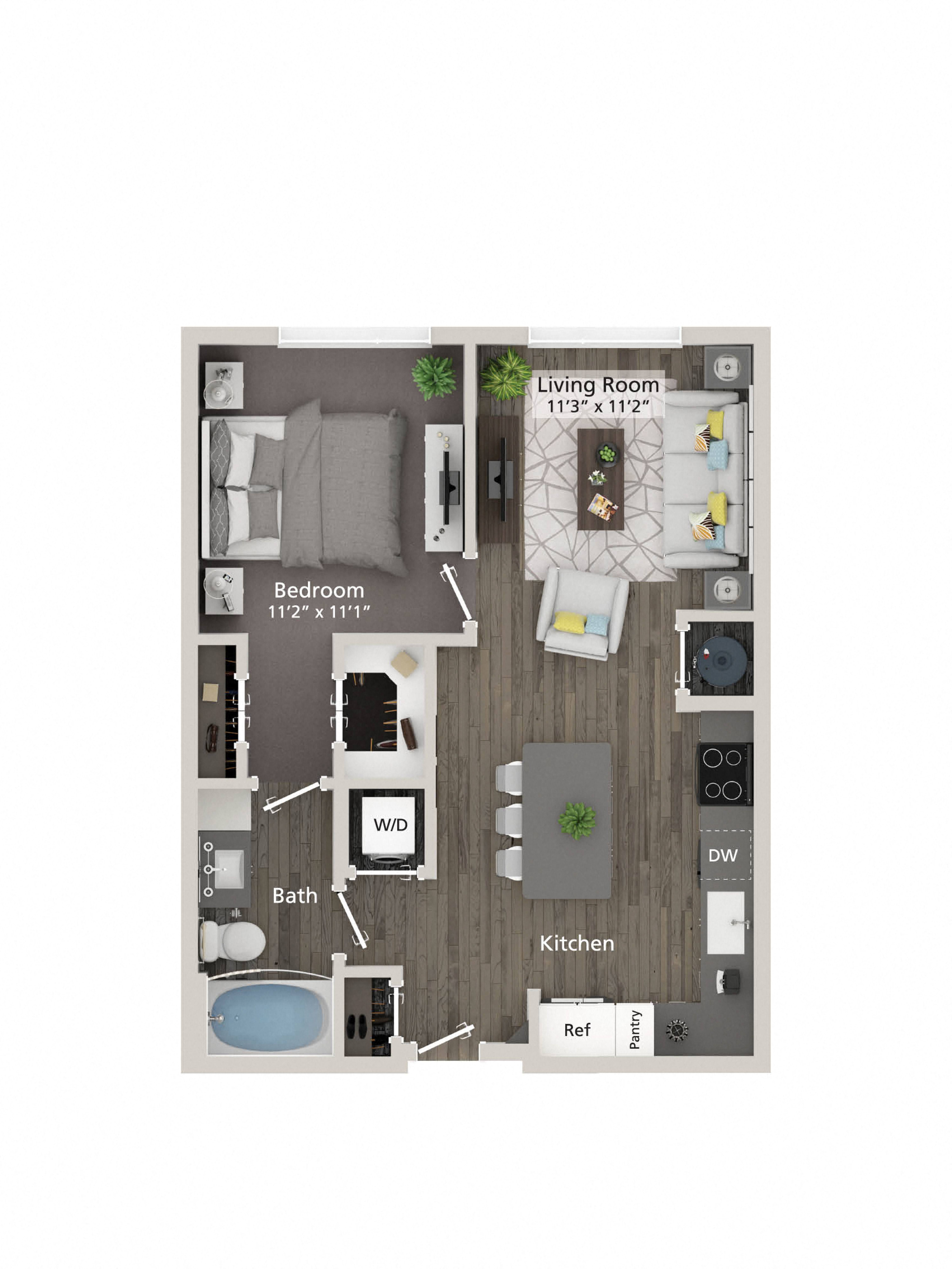 Floor plan for 1 bed, 1 bath, 652 sqft