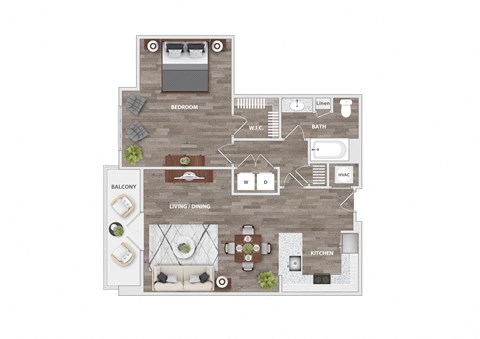 Floor plan for 1 bed, 1 bath, 849 sqft
