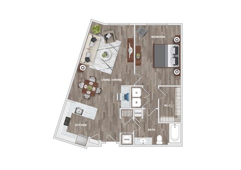 Floor plan for 1 bed, 1 bath, 855 sqft