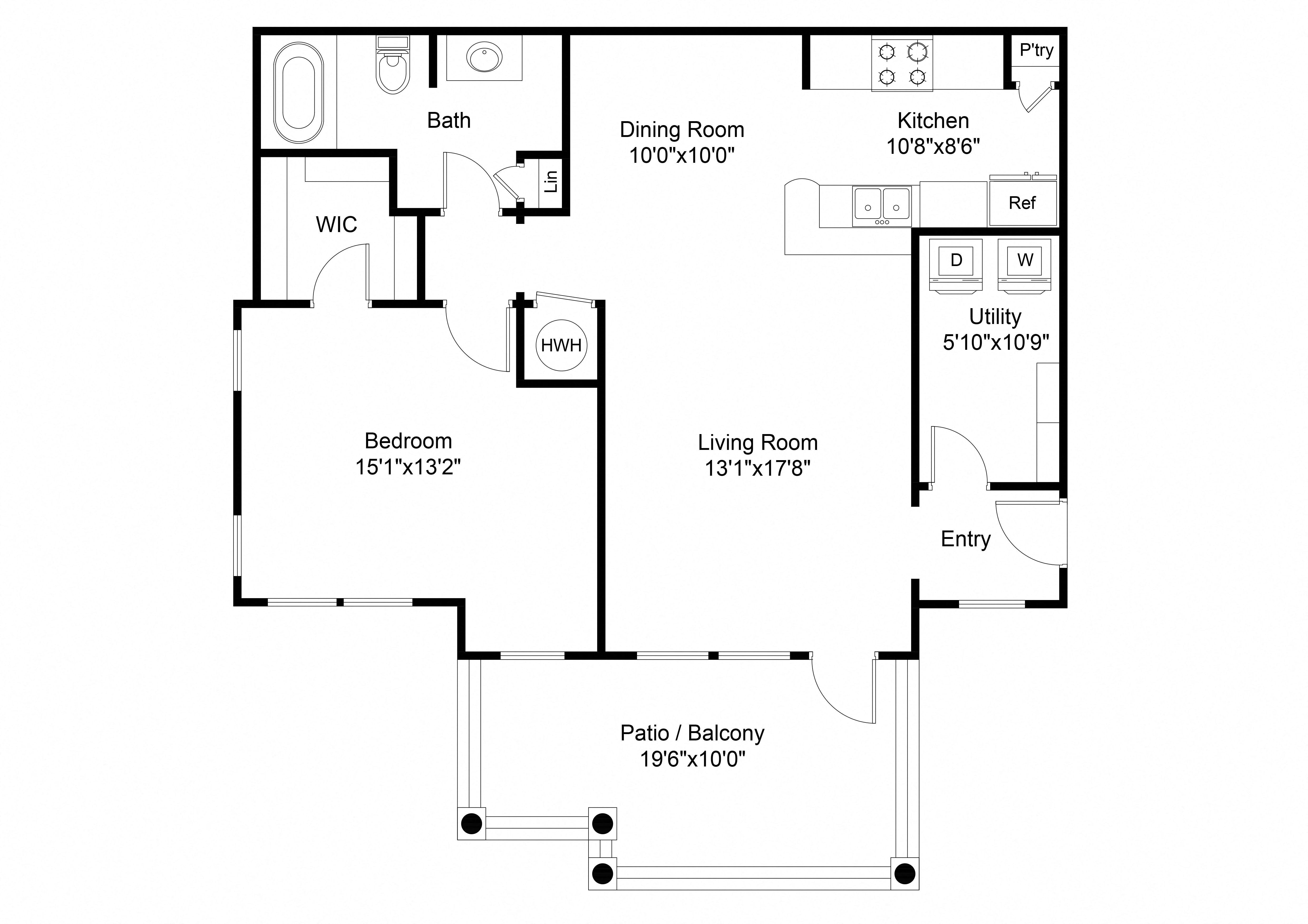 Floor plan for 1 bed, 1 bath, 970 sqft