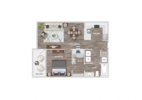 Floor plan for 1 bed, 1 bath, 744 sqft