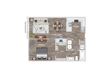 Floor plan for 1 bed, 1 bath, 768 sqft