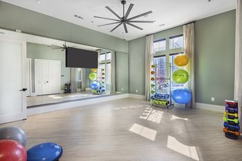 A room with a mirror, a television, and exercise balls