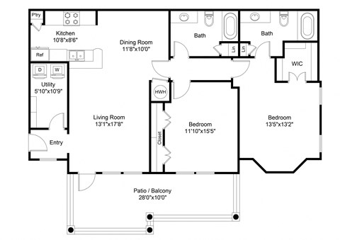 Floor plan for 2 beds, 2 baths, 1338 sqft