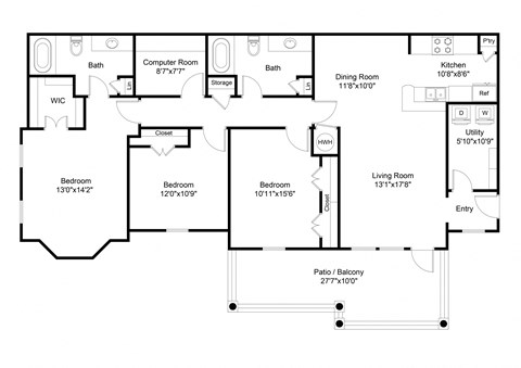 Floor plan for 3 beds, 2 baths, 1624 sqft