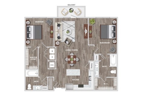 Floor plan for 2 beds, 2 baths, 1174 sqft