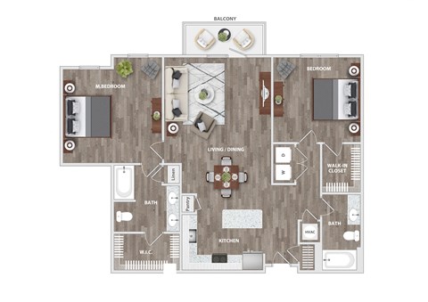 Floor plan for 2 beds, 2 baths, 1206 sqft