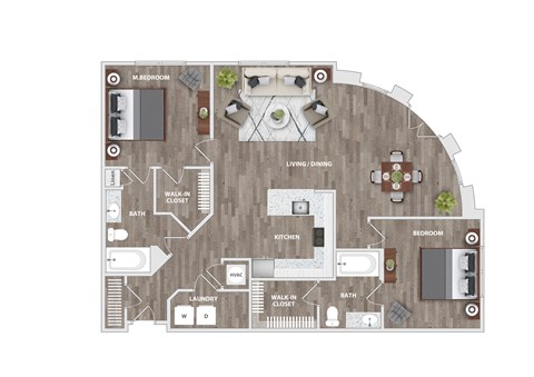 Floor plan for 2 beds, 2 baths, 1247 sqft