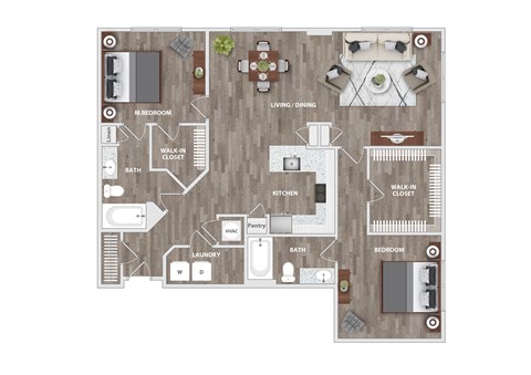Floor plan for 2 beds, 2 baths, 1301 sqft