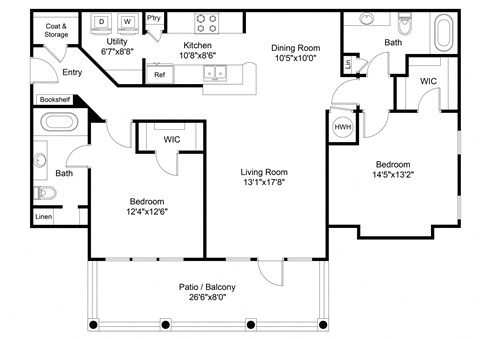 Floor plan for 2 beds, 2 baths, 1369 sqft