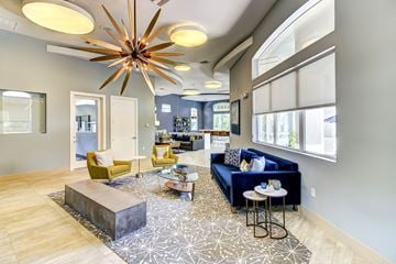 Tampa apartment for rent - A modern living room with a yellow chair and a blue sofa.