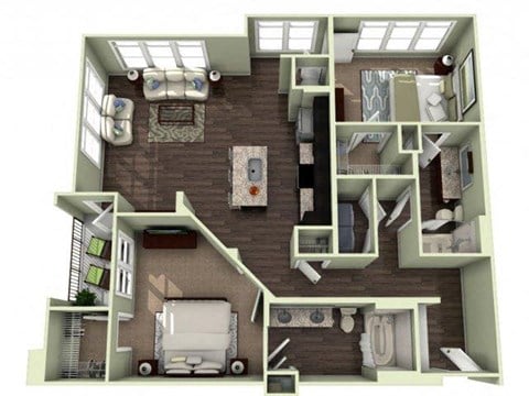 Floor plan for 2 beds, 2 baths, 1169 sqft