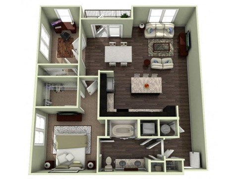 Floor plan for 1 bed, 1 bath, 998 sqft