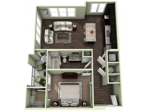 Floor plan for 1 bed, 1 bath, 726 sqft