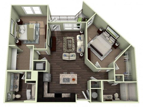 Floor plan for 2 beds, 2 baths, 1069 sqft