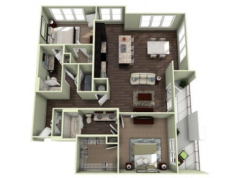 Floor plan for 2 beds, 2 baths, 1298 sqft