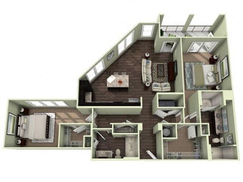 Floor plan for 2 beds, 2 baths, 1257 sqft