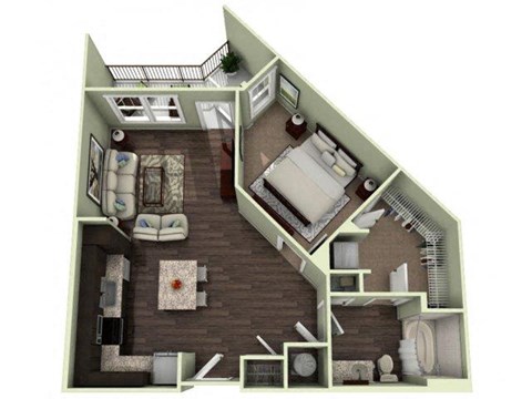 Floor plan for 1 bed, 1 bath, 727 sqft