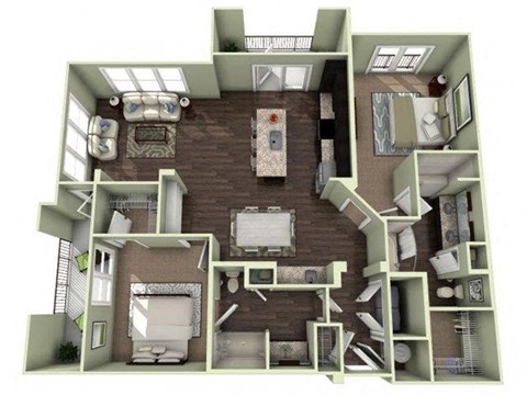 Floor plan for 2 beds, 2 baths, 1329 sqft