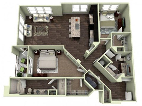 Floor plan for 2 beds, 2 baths, 1279 sqft