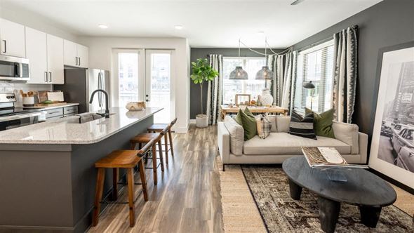 Indian Trail apartment for rent - Kitchen with view of Living and Dining room at Elwood Apartments, Indian Trail, NC, 28079