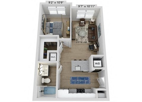 Floor plan for 1 bed, 1 bath, 580 sqft