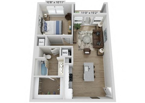 Floor plan for 1 bed, 1 bath, 667 sqft