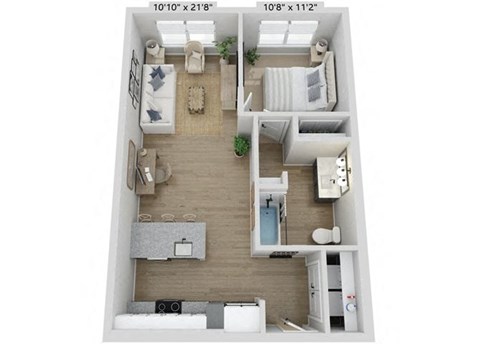 Floor plan for 1 bed, 1 bath, 667 sqft