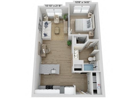 Floor plan for 1 bed, 1 bath, 684 sqft
