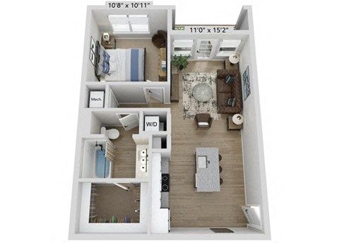 Floor plan for 1 bed, 1 bath, 667 sqft