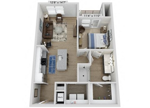 Floor plan for 1 bed, 1 bath, 763 sqft