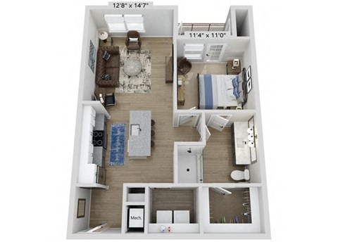 Floor plan for 1 bed, 1 bath, 763 sqft