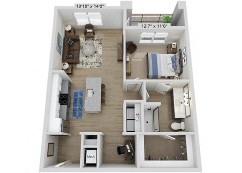 Floor plan for 1 bed, 1 bath, 845 sqft