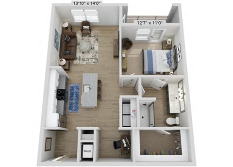 Floor plan for 1 bed, 1 bath, 853 sqft