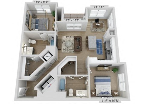 Floor plan for 2 beds, 2 baths, 1082 sqft