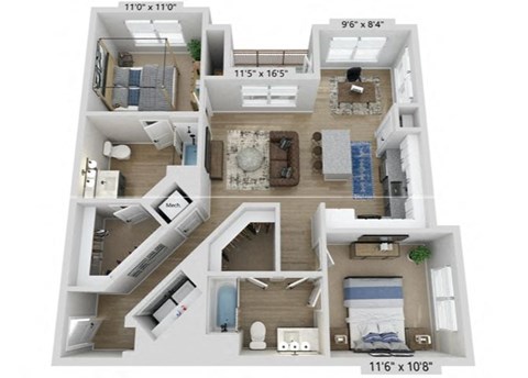 Floor plan for 2 beds, 2 baths, 1082 sqft