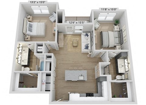 Floor plan for 2 beds, 2 baths, 1084 sqft